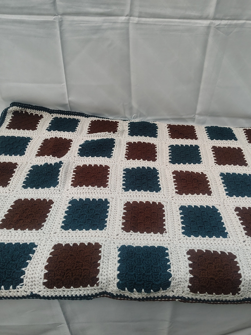 Handmade Crochet Patchwork Throw Blanket in Teal, Brown & White